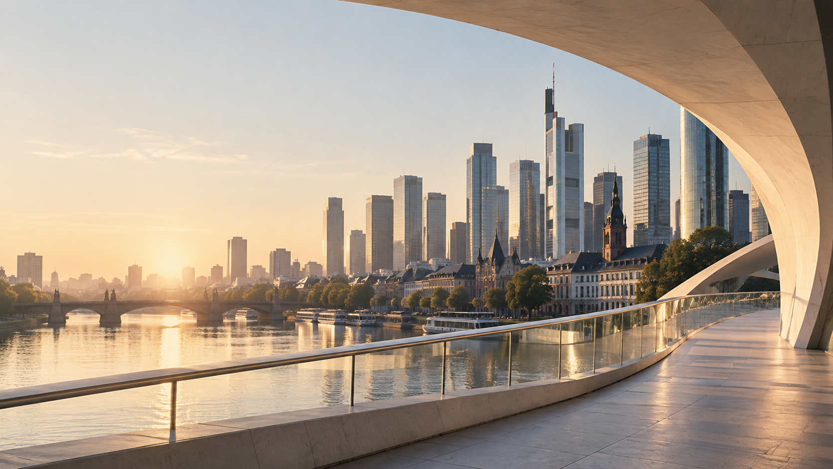 Illustrative European financial district framed by sweeping stone architecture